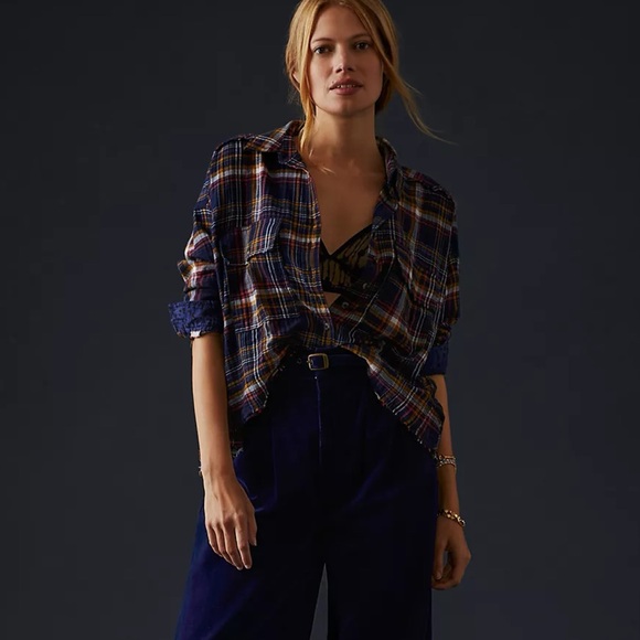 Anthropologie Pilcro Cropped Plaid Button-Down Shirt Top Blue Small Oversized - Picture 4 of 16